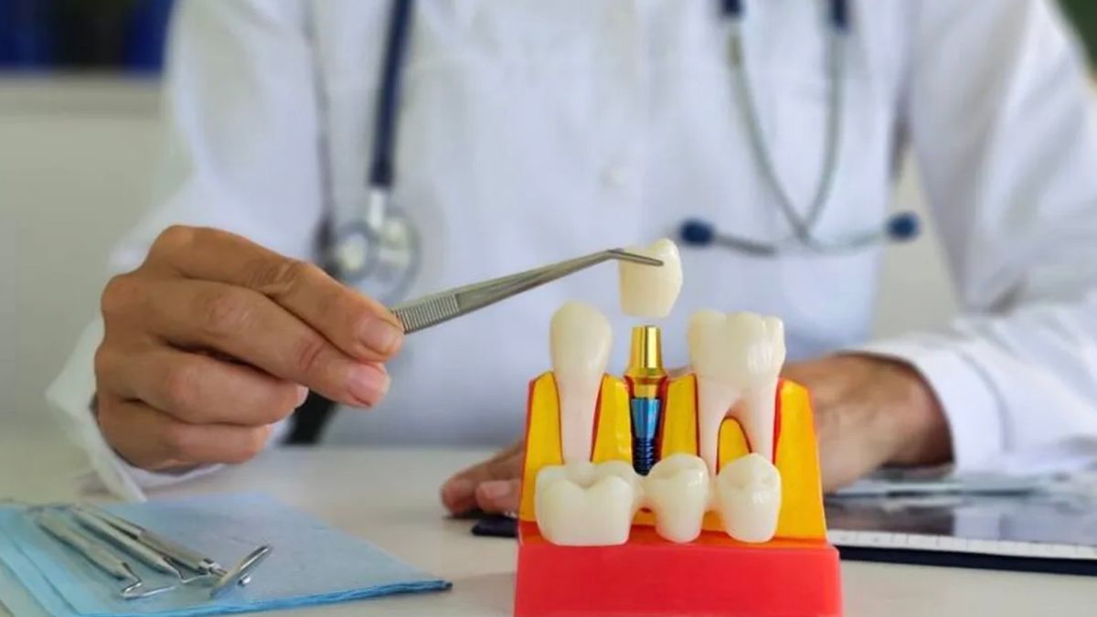 A man placing a dental implant model into some plastic gums.