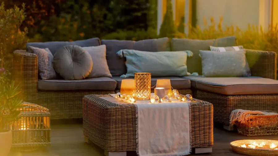 Evening On A Modern Designed Cozy Terrace With Sofa And