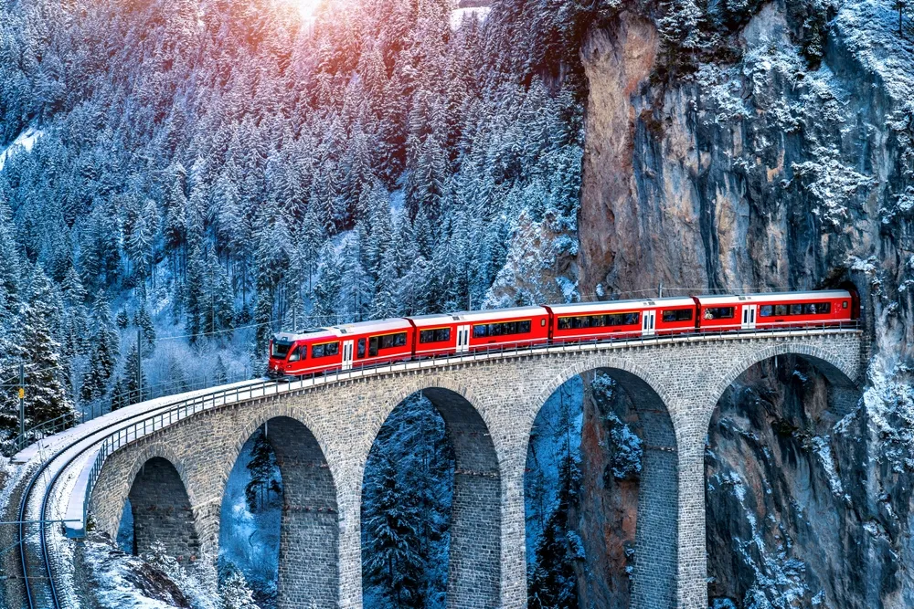 Aerial View Of Train Passing Through Famous Mountain In Filisur