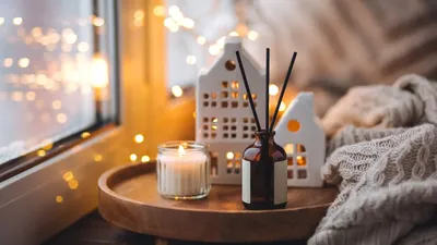Aroma Diffuser Burning Candle Christmas Perfume On Wooden Bamboo Tray