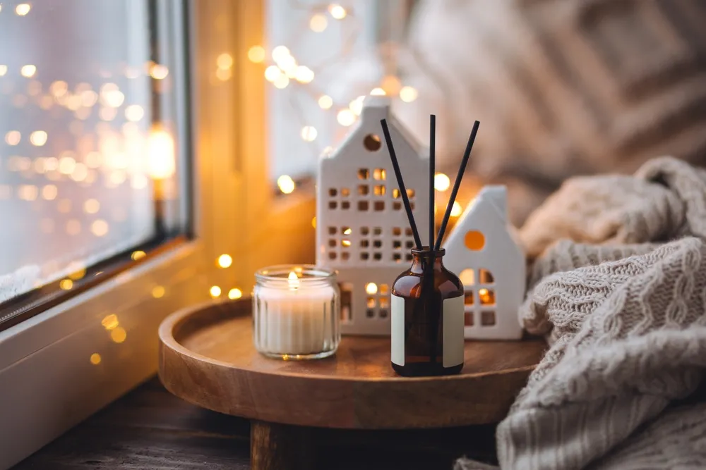 Aroma Diffuser Burning Candle Christmas Perfume On Wooden Bamboo Tray