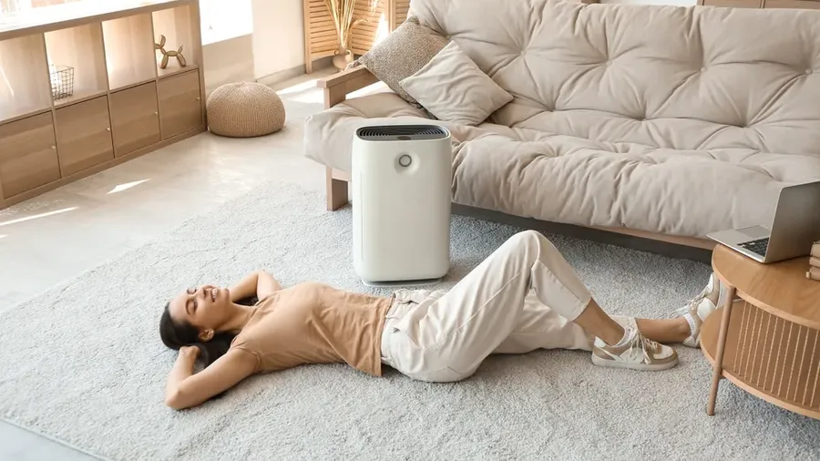Young Woman Lying On Floor Near Humidifier In Beautiful Living