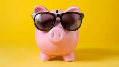 Pink Piggy Bank Wearing Sunglasses Set Against A Sunny Yellow