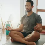 Laptop Pilates And Man With Meditation In House Living Room