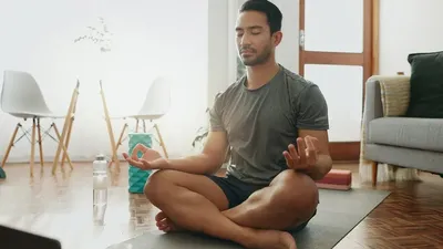 Laptop Pilates And Man With Meditation In House Living Room