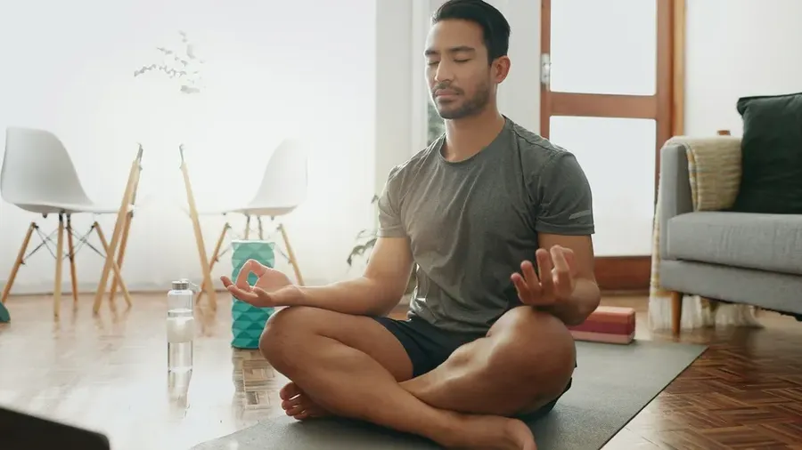 Laptop Pilates And Man With Meditation In House Living Room