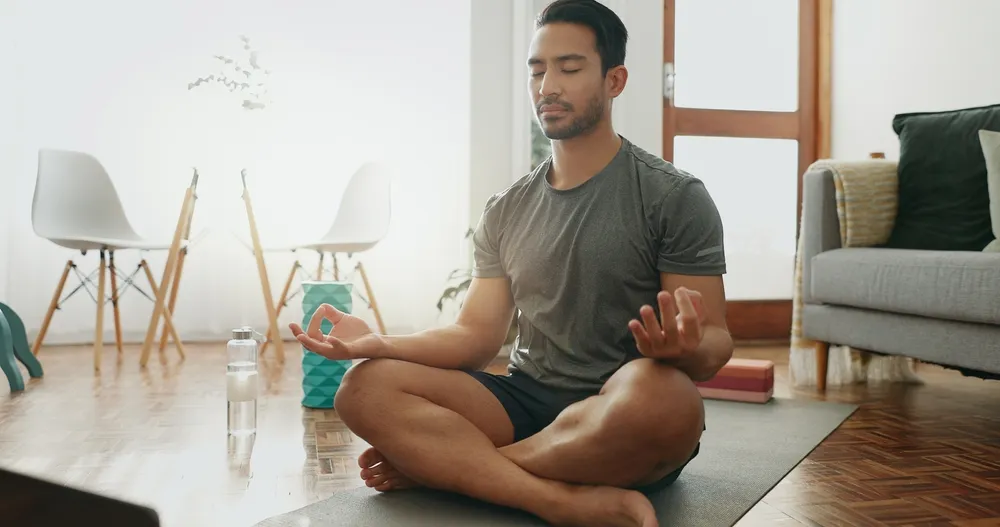 Laptop Pilates And Man With Meditation In House Living Room